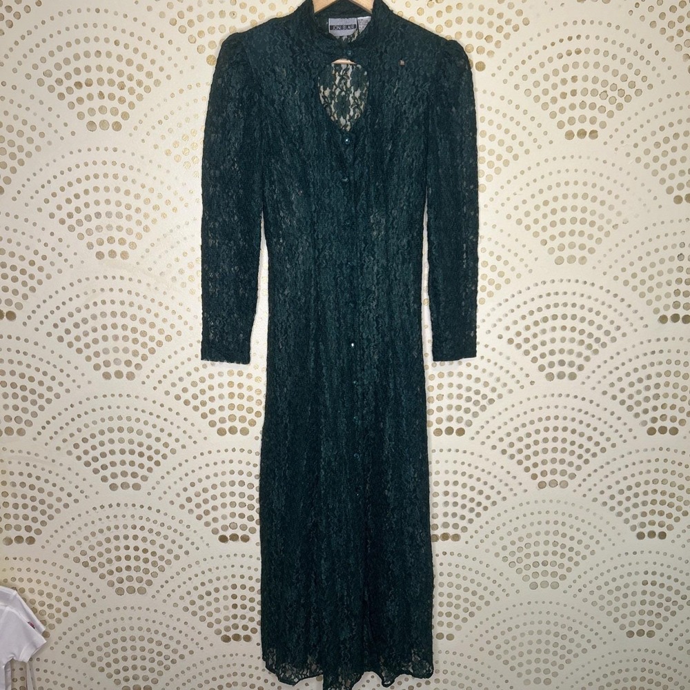 90s Green Sheer Lace Keyhole‎ Maxi Dress Witchy Corset Back SMALL MINT